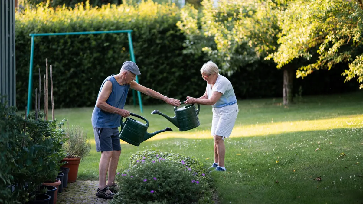 Älteres Paar gießt abends gemeinsam Pflanzen in einem Garten