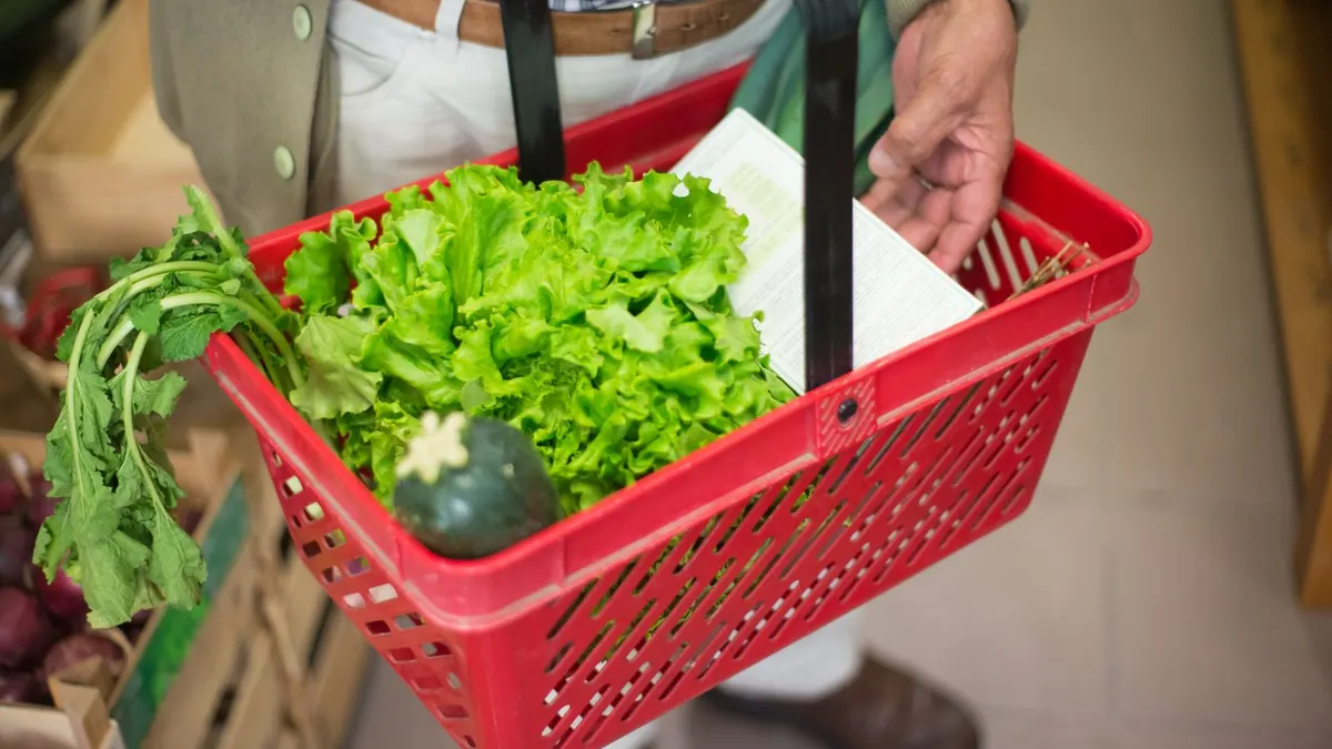 Roter Einkaufskorb mit frischem Salat und Gemüse beim Wocheneinkauf