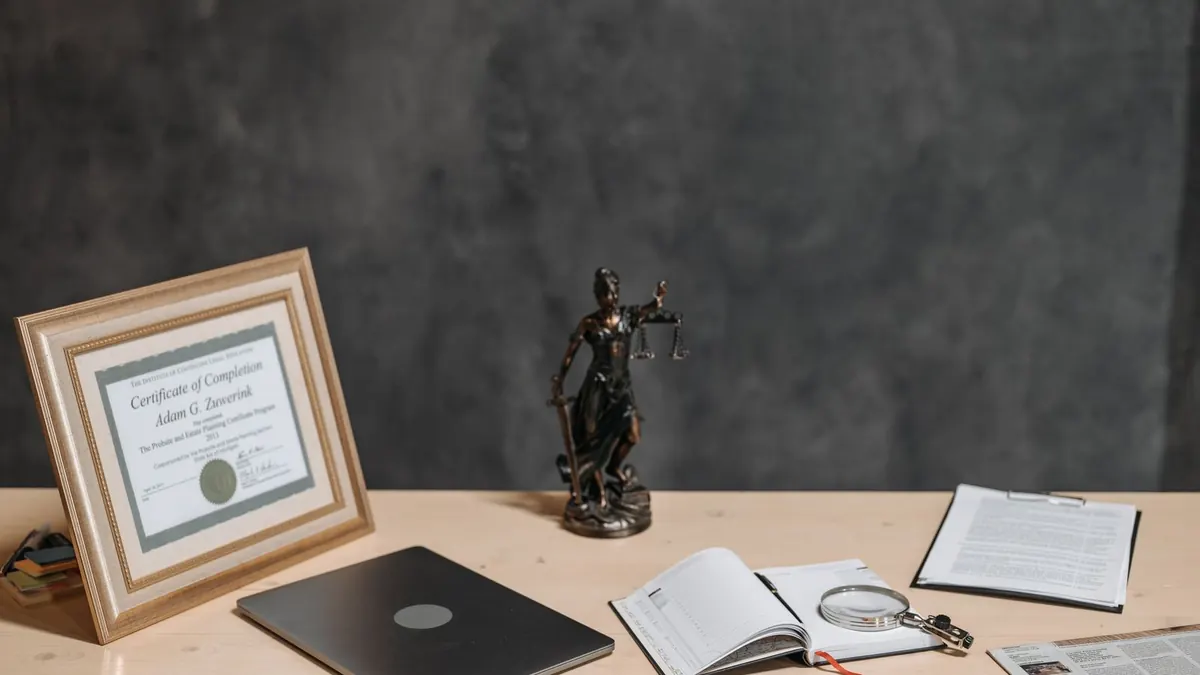 Schreibtisch mit Lupe, aufgeschlagenem Buch, Justitia-Figur und gerahmter Urkunde